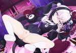  1girl absurdres ahoge bandaged_arm bandages bat_wings black_choker black_dress black_hair blood blood_on_bandages censored chinese_commentary choker commentary_request demon_tail dress embarrassed eyeball_hair_ornament full_body hair_between_eyes hair_ornament hair_ribbon hatsuse_(virtuareal) head_wings highres holding_eyepatch indoors kneehighs large_variant_set long_sleeves looking_at_viewer mosaic_censoring multicolored_hair neckerchief nijisanji on_bed purple_eyes purple_neckerchief purple_ribbon pussy_juice ribbon sailor_collar sailor_dress shoes socks soles solo spread_legs streaked_hair tail torn_clothes torn_dress unworn_shoes variant_set virtual_youtuber virtuareal white_hair white_sailor_collar white_socks wings ycyc 