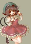  1girl :d animal_ears blush bow bowtie brown_eyes brown_hair cat_ears cat_tail chen dress foot_out_of_frame gold_trim grey_background happy hat highres looking_at_viewer mob_cap multiple_tails nekomata paw_pose red_dress short_hair simple_background smile solo standing standing_on_one_leg tail tikano touhou two_tails white_bow white_bowtie 