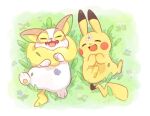  :d animal_focus border closed_eyes commentary_request fangs flower from_above full_body grass happy lying no_humans on_back oniwa_nwai open_mouth pikachu pokemon pokemon_(creature) smile toes tongue tongue_out white_border white_flower yamper 