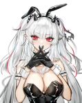  1girl absurdres animal_ear_hairband animal_ears aquwa_(artist) black_gloves black_horns black_leotard blue_streaks breasts cleavage commentary cross cross_earrings demon_girl demon_horns earrings english_commentary fake_animal_ears gloves grey_hair hairband highres horns indie_virtual_youtuber jewelry large_breasts leotard long_hair looking_at_viewer lucy_pyre multicolored_hair playboy_bunny pointy_ears rabbit_ear_hairband rabbit_ears red_eyes red_streaks simple_background solo streaked_hair virtual_youtuber white_wrist_cuffs wrist_cuffs 