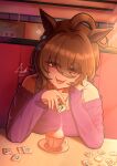  2girls agnes_tachyon_(umamusume) ahoge ajet1123 blush brown_hair cafe coffee commentary cup dating english_commentary granulated_sugar head_rest highres indoors looking_at_viewer multiple_girls off-shoulder_shirt off_shoulder oguri_cap_(umamusume) pov purple_shirt red_eyes shirt sitting smile solo_focus too_much_sugar umamusume 