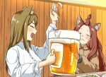  2girls :3 alcohol animal_ear_fluff animal_ears bangs_pinned_back beer beer_mug blush brown_hair brown_hoodie cat_ears cat_girl commentary cup drunk fang holding holding_cup hood hoodie izakaya laughing long_hair mug multiple_girls nishi_kaoruko oversized_object puffy_sleeves red_hair sakai_aruko shirt topknot torako_(toramaru) untranslatable_commentary very_long_hair white_shirt yani_neko 