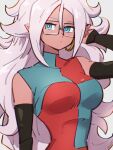  android_21 blue_eyes breasts checkered_clothes checkered_dress closed_mouth dragon_ball dragon_ball_fighterz dress earrings glasses grey_background hair_between_eyes hoop_earrings jewelry kemachiku long_hair looking_at_viewer majin_android_21 medium_breasts pink_hair simple_background upper_body 