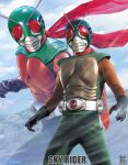  1boy animification antennae black_gloves character_name commentary_request compound_eyes cowboy_shot gloves highres k2_shokai kamen_rider male_focus neo_kamen_rider red_scarf rider_belt scarf skyrider tokusatsu twitter_username 