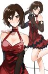  1girl breasts brown_eyes brown_gloves brown_hair cleavage collarbone commentary_request dress elbow_gloves frilled_dress frills gloves halterneck highres kusuri015 looking_at_viewer meiko_(scarlet)_(vocaloid) meiko_(vocaloid) microphone microphone_stand multiple_views one_eye_closed project_diva_(series) red_dress short_hair simple_background smile vocaloid white_background 