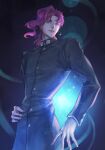  1boy earrings hand_on_hip jewelry jojo_no_kimyou_na_bouken kakyoin_noriaki kankito long_coat male_focus pink_hair purple_eyes purple_hair red_hair solo stardust_crusaders 