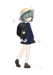  1girl :/ :t alternate_costume antennae backpack bag blush bug butterfly full_body green_eyes green_hair hair_between_eyes hat highres looking_at_viewer looking_back pleated_skirt pout randoseru sabatuki short_hair simple_background skirt solo standing touhou white_background wriggle_nightbug 