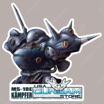  beige_background english_commentary gundam gundam_0083 gundamyatham highres horns kampfer_(mobile_suit) mecha mobile_suit one-eyed portrait purple_eyes science_fiction shoulder_spikes single_horn solo spikes sticker thrusters twitter_username usa_gundam_store v-fin watermark 