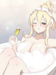  1girl alcohol bath bathing bathtub blonde_hair blush breasts champagne champagne_flute cleavage commentary_request convenient_censoring cup drinking_glass hair_between_eyes highres holding holding_cup large_breasts leo_(senran_kagura) looking_at_viewer nude one_eye_closed parted_lips purple_eyes senran_kagura soap_bubbles soap_censor solo surippa1010 tied_hair 