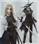  1girl absurdres armor blonde_hair blue_eyes boots burn_scar dark_souls_(series) dark_souls_iii english_commentary gloves headwear_removed helmet helmet_removed highres holding holding_sword holding_weapon knight long_hair long_sleeves lucatiel_of_mirrah nslacka scar scar_across_eye solo sword weapon 