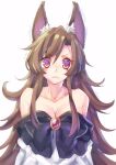  1girl animal_ears bare_shoulders blush breasts brooch brown_eyes brown_hair cleavage dress highres imaizumi_kagerou jewelry kyouda_suzuka long_hair looking_at_viewer medium_breasts red_eyes simple_background sketch solo touhou trembling wavy_mouth white_background wolf_ears 