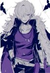  1boy add_(elsword) coat coat_on_shoulders doom_bringer_(elsword) elsword fur-trimmed_jacket fur_trim hair_over_one_eye jacket loble purple_shirt scar scar_across_eye scar_on_face shirt solo white_hair 