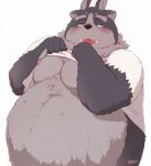  3_eyes anthro belly blep blush clothed clothing clothing_lift embarrassed fur grey_body grey_fur hi_res hijirinoyuta lifewonders male moobs multi_ear multi_eye multi_nipple nipples overweight shirt shirt_lift solo tokyo_afterschool_summoners tongue tongue_out topwear tsathoggua tusks video_games 