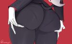  ass ass_focus ass_support black_pants close-up demon_tail formal fraankyy from_behind helltaker long_hair lucifer_(helltaker) pants pantylines red_background red_shirt shirt simple_background solo suit tail thick_thighs thighs 