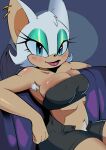  absurd_res anthro armpit_hair bandeau big_breasts body_hair bottomwear breast_squish breasts chiropteran clothing female hi_res huge_breasts lipstick looking_at_viewer makeup mammal nipple_outline pudutoast rouge_the_bat sega shorts sitting smile solo sonic_the_hedgehog_(series) squish topwear 