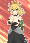  1girl absurdres arms_under_breasts bare_shoulders black_dress blonde_hair blue_eyes bowsette breast_hold breasts cleavage collar collarbone crossed_arms dated dress highres horns large_breasts looking_at_viewer mario_(series) medium_hair messy_hair nakachiruno off-shoulder_dress off_shoulder ponytail solo super_crown 