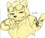  alcohol anthro beverage canid canine canis domestic_dog drinking eyebrows eyewear eyewear_on_head fuyoudo624 glass grin lifewonders live-a-hero male mammal procy scar short_stack smile solo sunglasses sunglasses_on_head thick_eyebrows video_games yellow_theme 