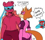  ? anthro blue_body blue_fur bodily_fluids butt canid canine cape clothing confusion crying dialogue ev_htf_(artist) female flying_squirrel fox fur group happy_tree_friends hi_res looking_at_another lying male mammal mask on_front orange_body orange_fur pink_clothing pointy_speech_bubble reaching_out red_body red_fur rodent sciurid shirtless shirtless_male simple_background speech_bubble splendid_(htf) splendont superhero superhero_costume supervillain sweat sweatdrop tears tight_clothing wonder_wanda yelling 