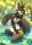  2022 anthro black_hair black_nose breasts day detailed_background digital_media_(artwork) dragon eri-yo eyebrows eyelashes female fur furred_dragon hair hi_res looking_at_viewer navel nude outside solo 