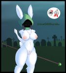  anthro big_breasts breasts dialogue english_text female genitals ghostbun graveyard hi_res hood htd lagomorph leporid mammal nipples nude outside pussy rabbit solo staff text video_games 