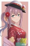  1girl aqua_eyes ar-57_(girls&#039;_frontline) ar-57_(with_the_three_friends_of_winter)_(girls&#039;_frontline) bakkasu150 bangs blush breasts closed_mouth eyebrows_visible_through_hair girls&#039;_frontline hair_ornament hairclip happy_new_year highres japanese_clothes kimono long_hair looking_at_viewer new_year official_alternate_costume pink_hair side_ponytail simple_background smile solo upper_body white_headwear 
