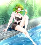  1girl absurdres bikini black_bra black_skirt bra breasts cleavage collar eyebrows_visible_through_hair food frills green_background green_hair hair_between_eyes highres holding holding_food itocoh kazami_yuuka large_breasts legs looking_at_viewer melting navel open_clothes open_mouth open_shirt plaid plaid_skirt poolside popsicle red_collar red_eyes red_neckwear revealing_clothes saliva saliva_trail sexually_suggestive shirt sitting skirt sleeves_rolled_up solo swimsuit thighs tied_shirt tongue tongue_out torn_bra torn_clothes touhou underwear water white_shirt 