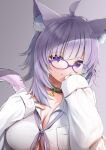  1girl absurdres ahoge animal_collar animal_ear_fluff animal_ears bangs black_collar blush breasts cat_ears cat_girl cat_tail closed_mouth collar eyebrows_visible_through_hair glasses hands_up highres hololive large_breasts looking_at_viewer medium_hair nekomata_okayu purple_eyes purple_hair shirt simple_background sleeves_past_wrists smile solo tail tail_raised uetaku upper_body virtual_youtuber white_shirt 