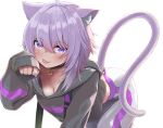  1girl :p absurdres animal_collar animal_ear_fluff animal_ears bangs black_collar black_hoodie blush breasts cat_ears cat_girl cat_tail collar eyebrows_visible_through_hair hair_between_eyes highres hololive hood hood_down hoodie long_sleeves looking_at_viewer medium_hair nekomata_okayu pants paw_pose purple_eyes purple_hair simple_background sleeves_past_wrists solo tail tongue tongue_out uetaku virtual_youtuber white_background white_pants 