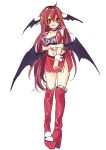  1girl alternate_costume blush boots breasts cleavage collarbone crop_top demon_girl demon_wings embarrassed eyebrows_visible_through_hair full_body head_wings high_heel_boots high_heels highres knee_boots koakuma kyouda_suzuka large_breasts long_hair looking_at_viewer open_mouth race_queen red_eyes red_footwear red_hair red_skirt sketch skirt smile solo touhou wings wrist_cuffs 