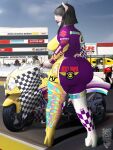  3:4 anthro bangs benjamin_ratterman big_breasts boots breasts checkered_flag clothing digital_drawing_(artwork) digital_media_(artwork) domestic_pig english_text female footwear hi_res high_heels looking_aside mammal motorcycle portrait racing racing_suit solo suid suina sus_(pig) text thick_thighs vehicle 