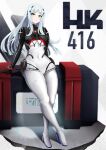  1girl :o arms_behind_back bangs bodysuit breasts character_name eyebrows_visible_through_hair full_body girls&#039;_frontline green_eyes hair_ornament hairclip highres hk416_(girls&#039;_frontline) hk416_(midnight_evangelion)_(girls&#039;_frontline) leaning_back light_blue_hair long_hair looking_at_viewer medium_breasts solo standing teardrop_facial_mark teardrop_tattoo white_background yan_kodiac 