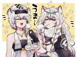  2girls :d :i animal_ear_fluff animal_ears arknights bangs bare_shoulders black_gloves black_jacket blush cabbie_hat cliffheart_(arknights) closed_eyes closed_mouth eating eyebrows_visible_through_hair fangs food gloves grey_hair hair_between_eyes hat holding holding_food jacket kyouna leopard_ears long_hair long_sleeves mochi multiple_girls notice_lines pramanix_(arknights) siblings sisters sleeveless sleeveless_jacket smile upper_body very_long_hair wavy_mouth white_headwear wide_sleeves 