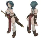  1girl bare_shoulders blue_eyes blue_hair boots breasts brown_footwear brown_gloves cleavage_cutout closed_mouth clothing_cutout commentary_request earrings ebimomo elbow_gloves fingerless_gloves full_body gloves highres holding holding_sword holding_weapon jewelry large_breasts medium_hair multiple_views pelvic_curtain riula_(stones_of_dragon) scabbard sheath sheathed simple_background single_earring standing stones_of_dragon sword thighhighs weapon white_background white_legwear 
