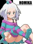  1girl awa blue_eyes closed_mouth dress feet forehead freckles hair_bobbles hair_ornament pokemon pokemon_(game) pokemon_bw2 roxie_(pokemon) short_hair solo spiked_hair striped striped_dress striped_legwear topknot two-tone_dress white_hair 