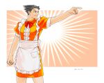  1boy ace_attorney alternate_costume apron arm_up artist_name black_hair border bow bowtie center_frills chinese_commentary closed_mouth collared_dress commentary_request cowboy_shot crossdressing dated dress forehead frilled_apron frills godzillapigeon1 highres maid_apron male_focus orange_dress outside_border outstretched_arm phoenix_wright phoenix_wright:_ace_attorney_-_trials_and_tribulations pocket pointing puffy_short_sleeves puffy_sleeves red_bow red_bowtie short_dress short_hair short_sleeves signature solo spiked_hair standing v-shaped_eyebrows white_apron white_border 