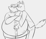  &lt;3 animal_crossing anthro anthrofied belly blush canid canine clothing crazy_redd dress_shirt duo fox kissing male male/male mammal monochrome nintendo overweight raccoon_dog shirt slim swatthefox tanuki tom_nook_(animal_crossing) topwear video_games 