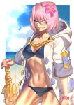  1girl abs absurdres beach bikini black_bikini breasts chain clenched_teeth day flower hair_flower hair_ornament highres jacket looking_at_viewer medium_breasts navel navel_piercing ocean original piercing pink_hair purple_eyes rakuga_kiya short_hair smile solo swimsuit teeth white_jacket 