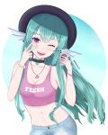  1girl absurdres bangs black_choker black_headwear blush breasts choker cleavage collarbone denim dklassic english_commentary finana_ryugu green_hair head_fins highres holding holding_phone jeans leaning_to_the_side long_hair medium_breasts midriff navel neck_tattoo nijisanji nijisanji_en one_eye_closed pants phone pink_sports_bra purple_eyes selfie smile solo sports_bra tattoo v virtual_youtuber 