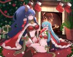  2girls alternate_costume antlers bell black_gloves blue_hair blurry blurry_background blush boots bow box braid breasts bridal_gauntlets cape chimney christmas christmas_lights christmas_ornaments christmas_tree cleavage cosplay covering_mouth eirika_(fire_emblem) embarrassed fake_antlers fire_emblem fire_emblem:_the_sacred_stones fire_emblem_awakening fire_emblem_heroes firewood fur_trim gift gift_box gloves highres indoors juneplums knee_boots large_breasts long_hair looking_at_viewer medium_breasts merry_christmas midriff multiple_girls navel red_cape reindeer_antlers revealing_clothes santa_costume side_braids tana_(fire_emblem) tharja_(fire_emblem) tharja_(fire_emblem)_(cosplay) thighhighs twin_braids very_long_hair 