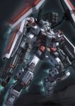  alkham clenched_hand flying full_armor_gundam gundam gundam_thunderbolt highres looking_up mecha missile_pod mobile_suit no_humans science_fiction solo space v-fin yellow_eyes 