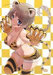  1girl 2022 absurdres ahoge animal_ears animal_hands animal_print bikini blonde_hair blue_eyes blush braid braided_ponytail breasts chinese_zodiac cleavage closed_mouth eyebrows_visible_through_hair gloves hasegawa_(hase_popopo) highres large_breasts long_hair looking_at_viewer lynette_bishop navel paw_gloves shiny shiny_hair shorts smile solo strike_witches striped striped_bikini striped_legwear swimsuit tail thighhighs tiger_ears tiger_print tiger_stripes tiger_tail world_witches_series year_of_the_tiger 