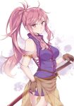  1girl bare_shoulders dress expressionless fire_emblem fire_emblem:_the_sacred_stones hand_on_hip highres holding holding_sword holding_weapon jiino long_hair looking_at_viewer marisa_(fire_emblem) pink_eyes pink_hair ponytail sheath sheathed short_dress simple_background sleeveless sleeveless_dress solo stain sword weapon 