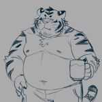  2022 anthro belly bottomwear clothing cute_fangs felid hi_res huynhduyad14 kemono male mammal moobs mug navel nipples overweight overweight_male pantherine pants simple_background sketch solo tiger 