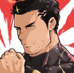  1boy bara face facial_hair frown halo hand_on_own_shoulder hiraga0613 male_focus mature_male muscular muscular_male portrait short_hair sideburns solo stubble thinking tokyo_afterschool_summoners zabaniya_(housamo) 