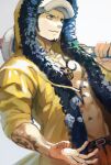  1boy facial_hair fur-trimmed_jacket fur_trim hand_up hat holding holding_sword holding_weapon jacket male_focus one_piece open_clothes open_jacket pectorals rock santa65 sheath sheathed smile solo sword tattoo trafalgar_law weapon 