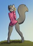  bottomless canid canine clothed clothing eyes_closed female feretta fox fur genitals grass grey_body grey_fur mammal plant pussy red_fox silver_fox sky sweater sweater_only topwear topwear_only tugging_clothing turtleneck vix_(feretta) 