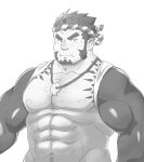  1boy abs bara chest_hair facial_hair forked_eyebrows frown goatee greyscale groin hachimaki headband large_pectorals long_sideburns magatama magatama_necklace male_focus mature_male monochrome muscular muscular_male navel navel_hair nejiri_hachimaki nipples nude pectorals short_hair sideburns solo stomach tajikarao_(housamo) tokyo_afterschool_summoners tusks upper_body yanutorie 