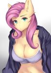  2022 absurd_res anthro big_breasts bra breasts bust_portrait cleavage clothed clothing equid eyebrows eyelashes female fluttershy_(mlp) friendship_is_magic fur hair hi_res inner_ear_fluff jacket kironzen looking_at_viewer mammal my_little_pony navel pink_hair portrait simple_background solo teal_eyes topwear tuft underwear white_background yellow_body yellow_fur 