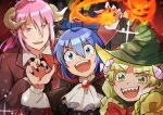  1girl 2boys :d absurdres ahoge ascot asmodeus_alice black_nails blue_hair bow braid brooch fire green_eyes green_hair hair_between_eyes hat highres horns indoors ishi_bone jewelry magic mairimashita!_iruma-kun multiple_boys pink_eyes pink_hair pointy_ears red_bow red_nails ring sharp_teeth smile sparkle suzuki_iruma teeth valac_clara white_ascot window witch_hat 