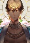  1boy bangs bare_pectorals brown_hair earrings fate/grand_order fate_(series) jewelry looking_at_viewer male_focus necklace ozymandias_(fate) pectorals sakura_hitsuji short_hair signature solo upper_body yellow_eyes 